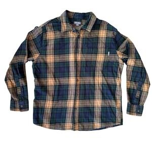 Eddie Bauer Plaid Flannel Shirt Mens XL Green Tan Cotton Button Down Lumberjack